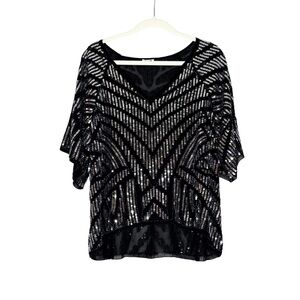 En Crème Black Sequin Top M | Sheer Chevron New Year’s Eve + Party Blouse